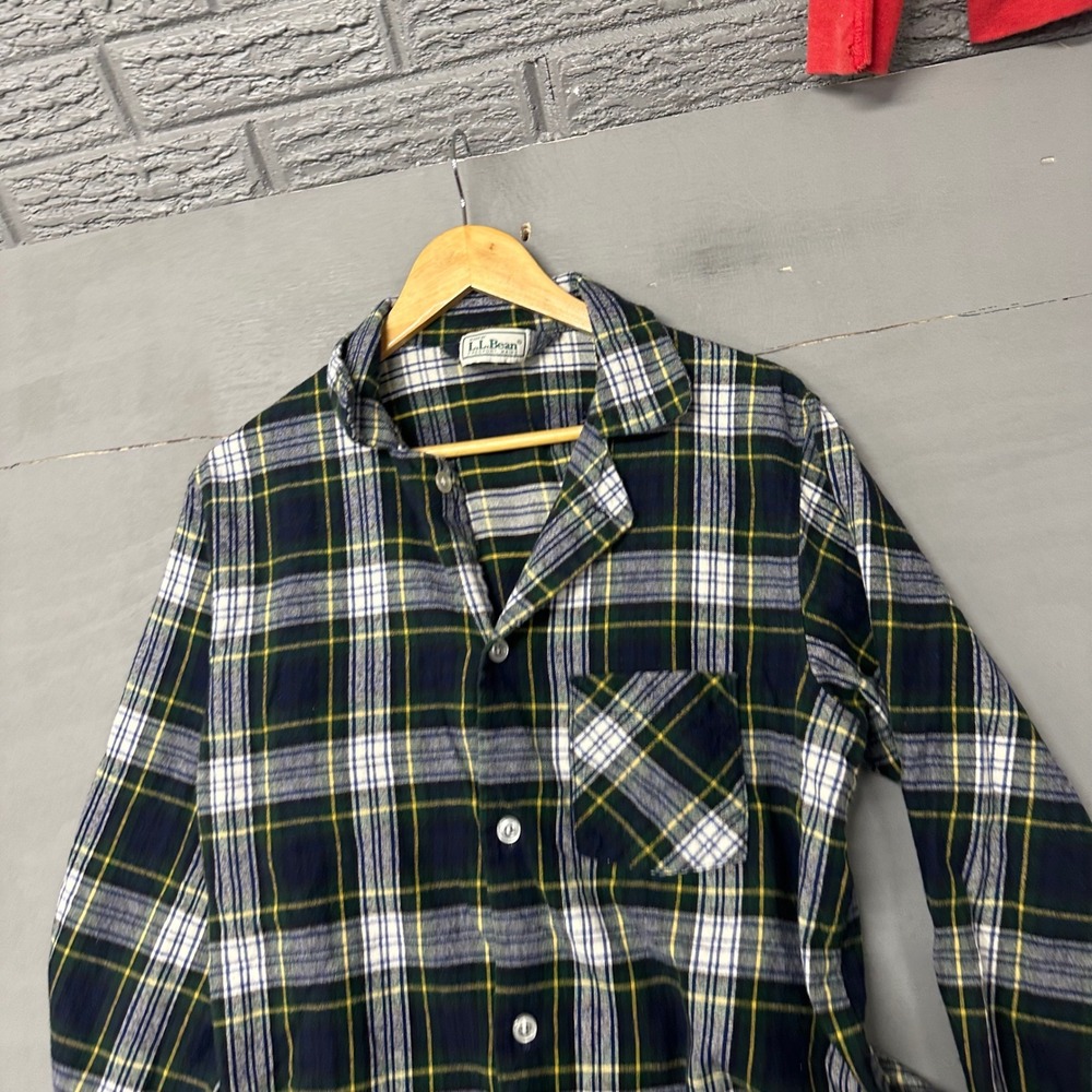 LL Bean Vintage Flannel Pajama Top Green Navy Blue Plaid Cotton Button Up Shirt‎